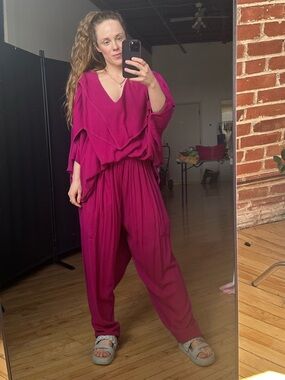 90s Vintage Boho Relaxed-Leg Pants Set in Fuchsia